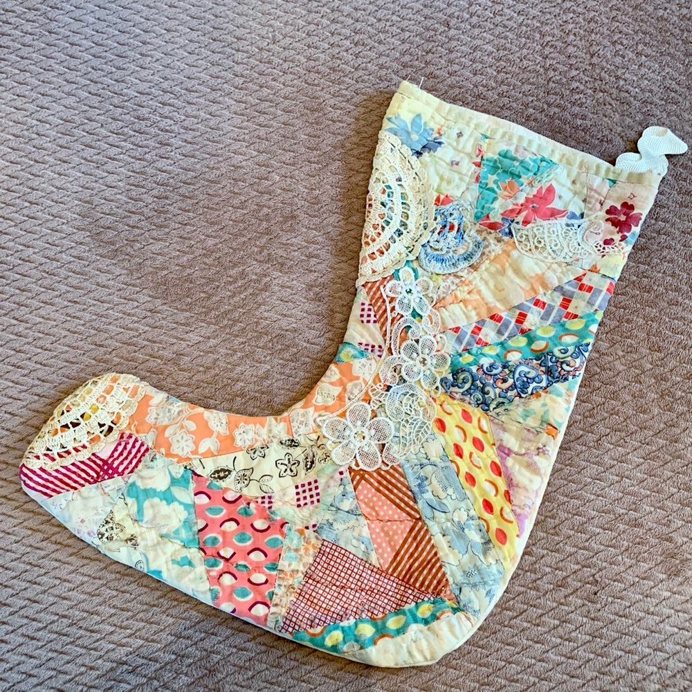 Vintage patchwork Quilt Christmas Stocking Handmade Cottagecore Primitive